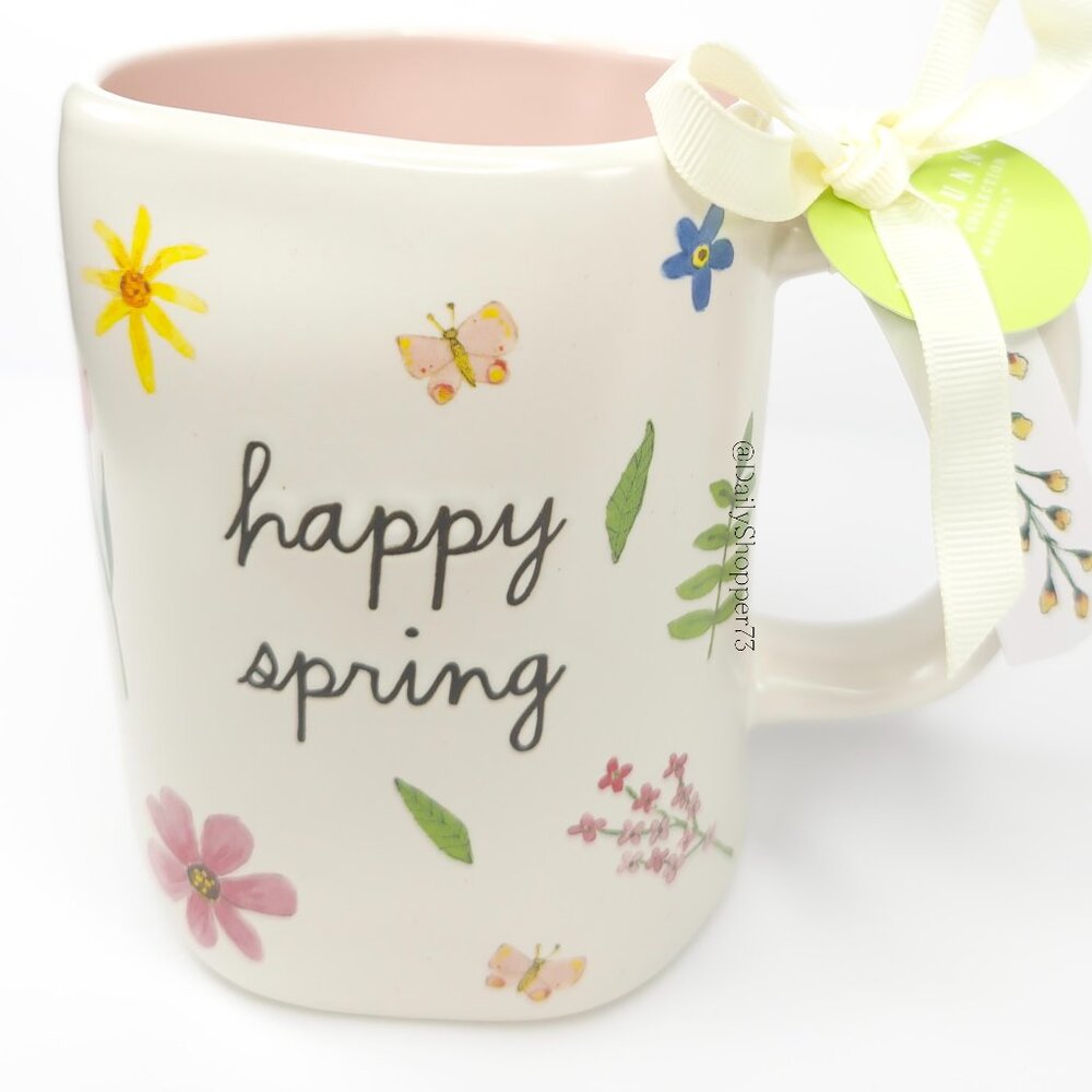 Rae Dunn "happy spring" Pink and White Botanical Floral Ceramic Coffee Mug